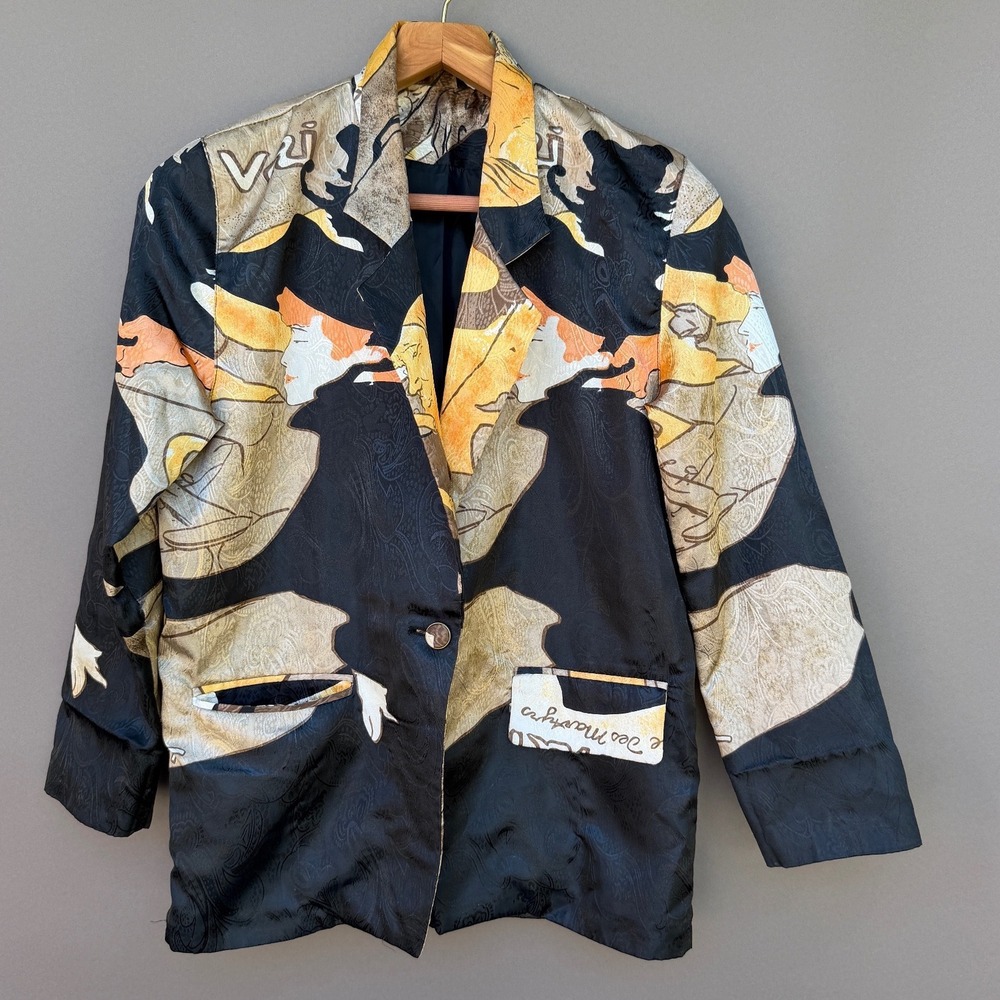 Vintage Art Nouveau Graphic Blazer S Black Gold Paisley Jacquard Cabaret Jacket